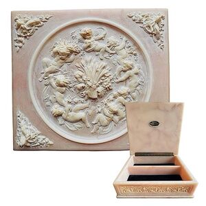 Rare Genuine Vintage Hand Carved Incolay Stone Jewelry Trinket Box 7.5”x7” USA